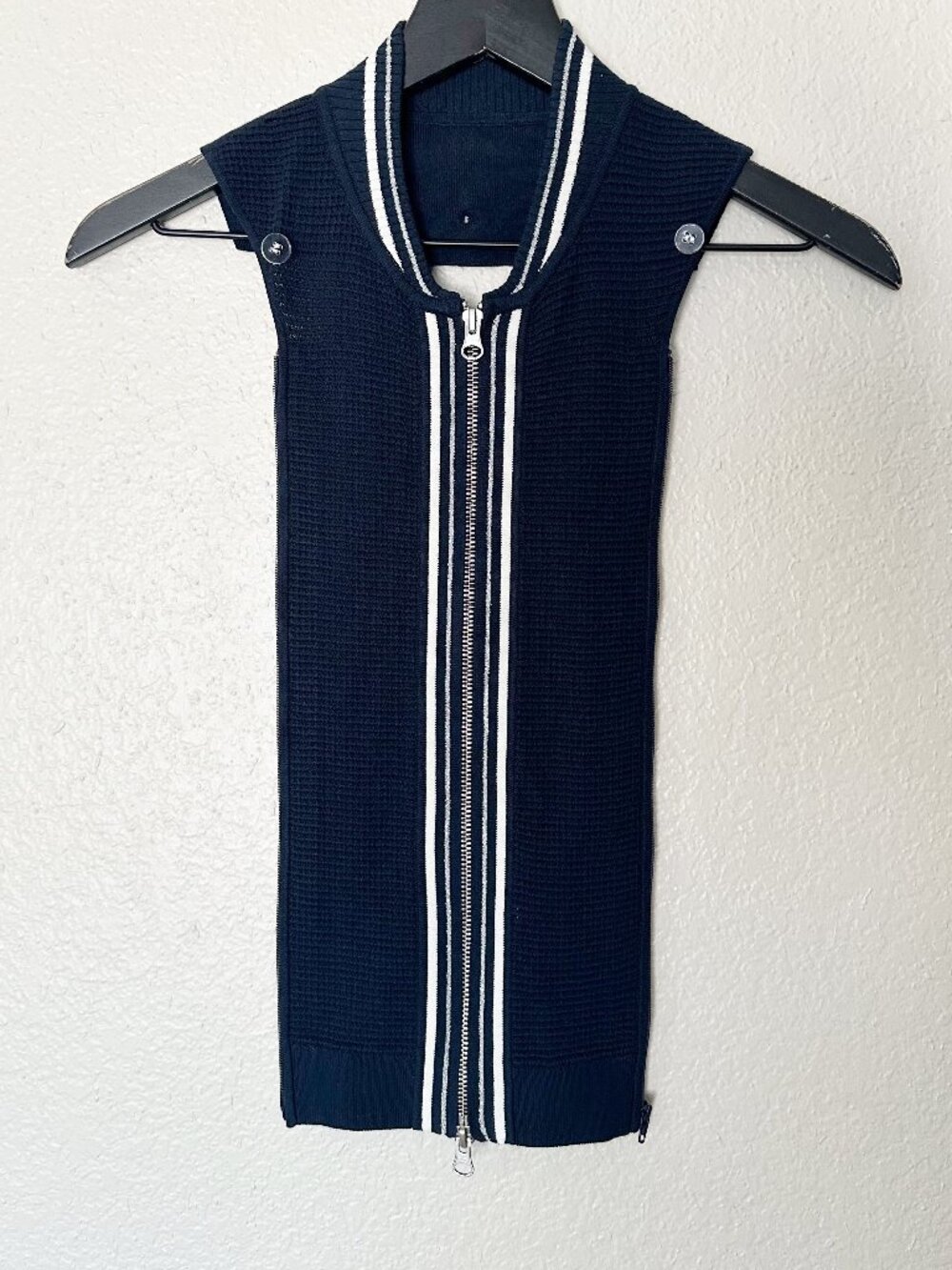 Veronica Beard Pipes Ribbed Knit Dickey Varsity Stripe Full Zip Insert Navy O/S